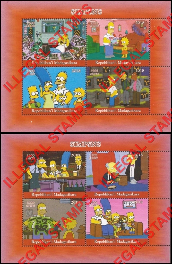 Madagascar 2018 The Simpsons Illegal Stamp Souvenir Sheets of 4