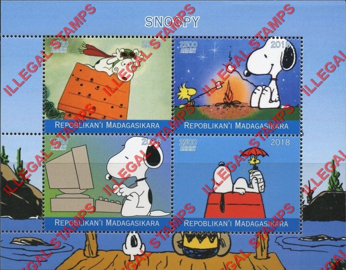 Madagascar 2018 Snoopy Illegal Stamp Souvenir Sheet of 4