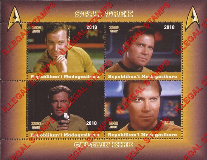 Madagascar 2018 Star Trek Captain Kirk Illegal Stamp Souvenir Sheet of 4