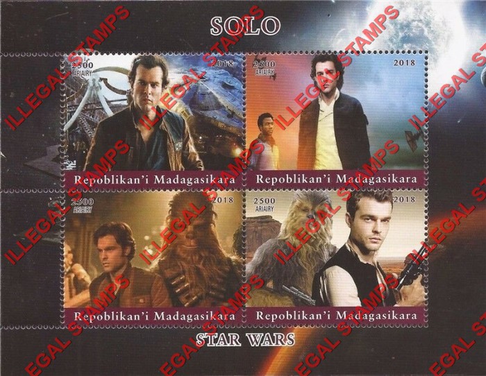 Madagascar 2018 Star Wars Hans Solo Illegal Stamp Souvenir Sheet of 4