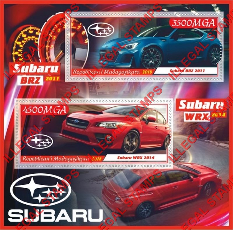 Madagascar 2018 Subaru Cars Illegal Stamp Souvenir Sheet of 2
