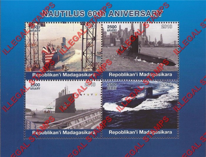 Madagascar 2018 Submarines Nautilus Illegal Stamp Souvenir Sheet of 4
