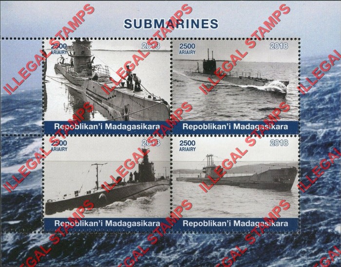 Madagascar 2018 Submarines Illegal Stamp Souvenir Sheet of 4