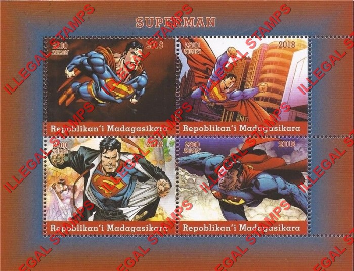 Madagascar 2018 Superman Illegal Stamp Souvenir Sheet of 4