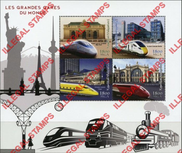 Madagascar 2018 Big Train Stations of the World Illegal Stamp Souvenir Sheet of 4