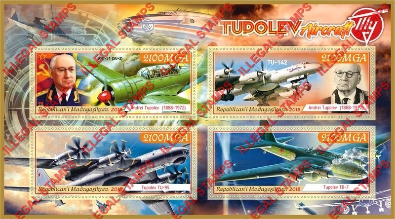 Madagascar 2018 Tupolev Aircraft Illegal Stamp Souvenir Sheet of 4