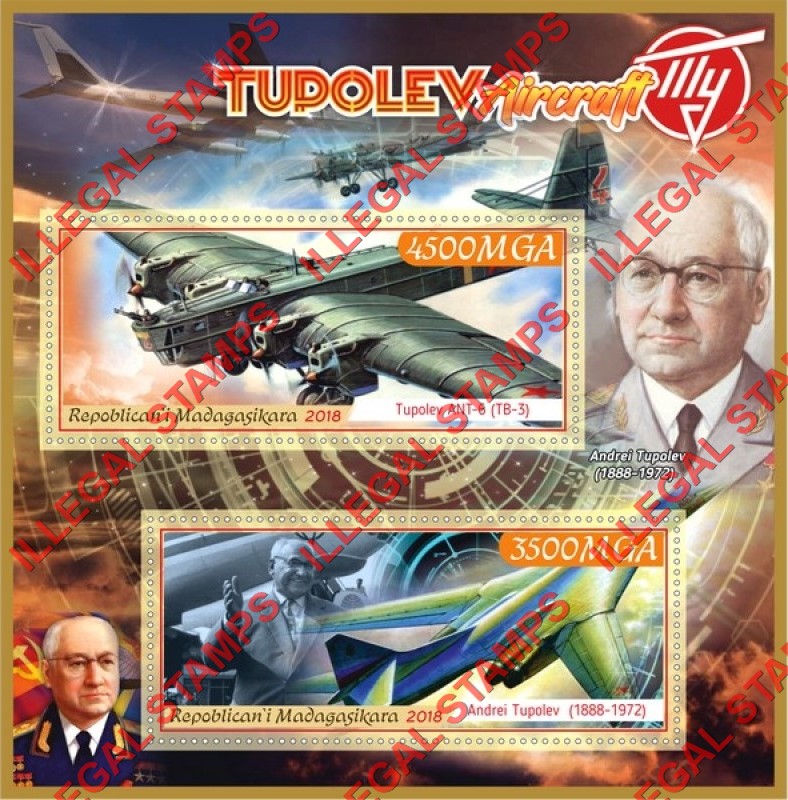Madagascar 2018 Tupolev Aircraft Illegal Stamp Souvenir Sheet of 2