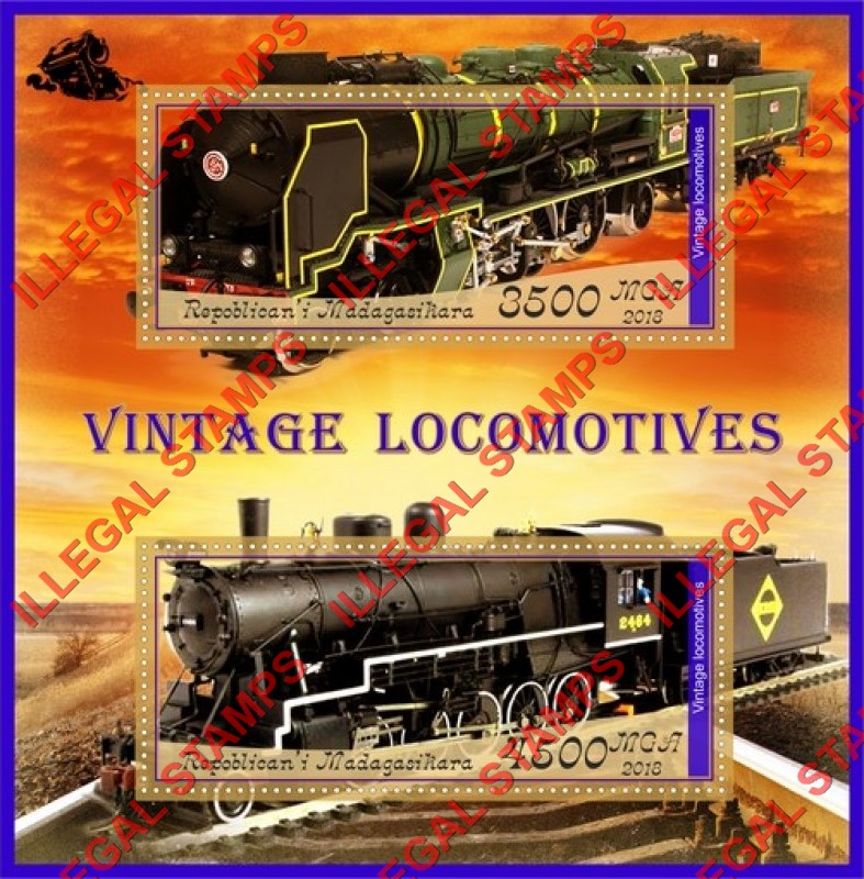 Madagascar 2018 Vintage Locomotives Illegal Stamp Souvenir Sheet of 2