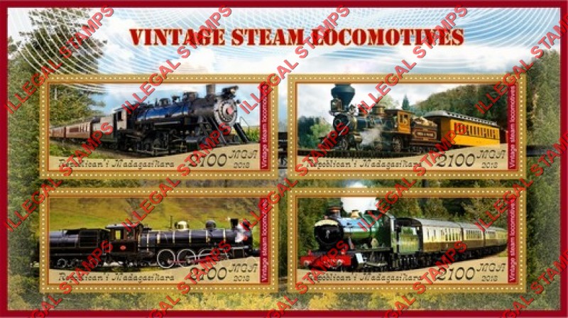 Madagascar 2018 Vintage Steam Locomotives Illegal Stamp Souvenir Sheet of 4