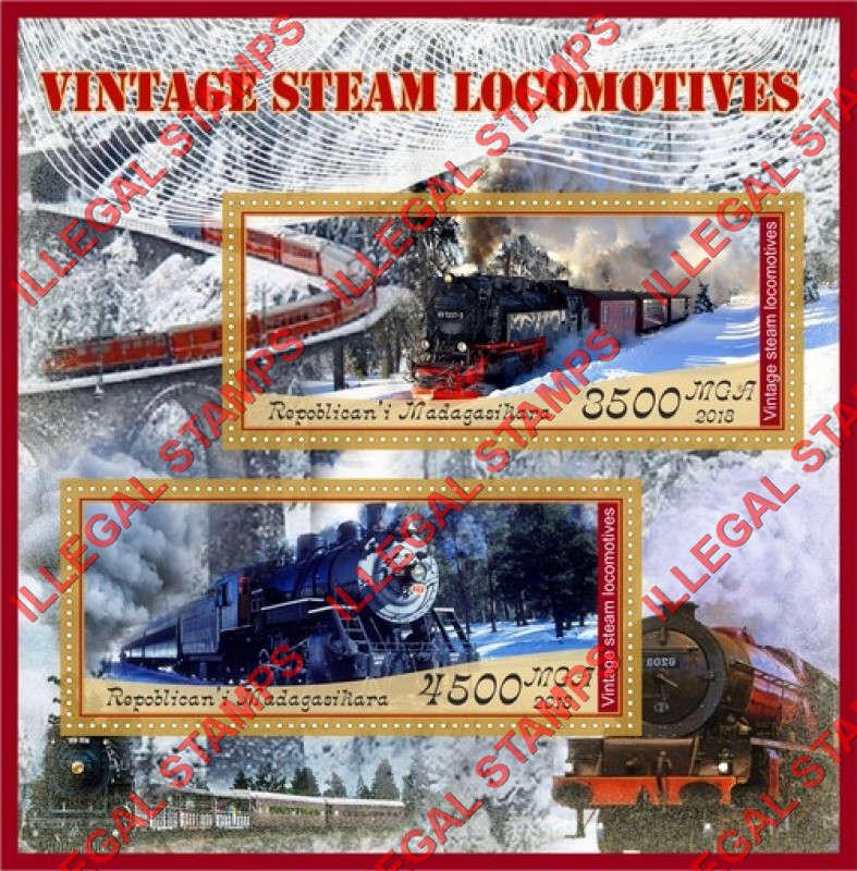 Madagascar 2018 Vintage Steam Locomotives Illegal Stamp Souvenir Sheet of 2