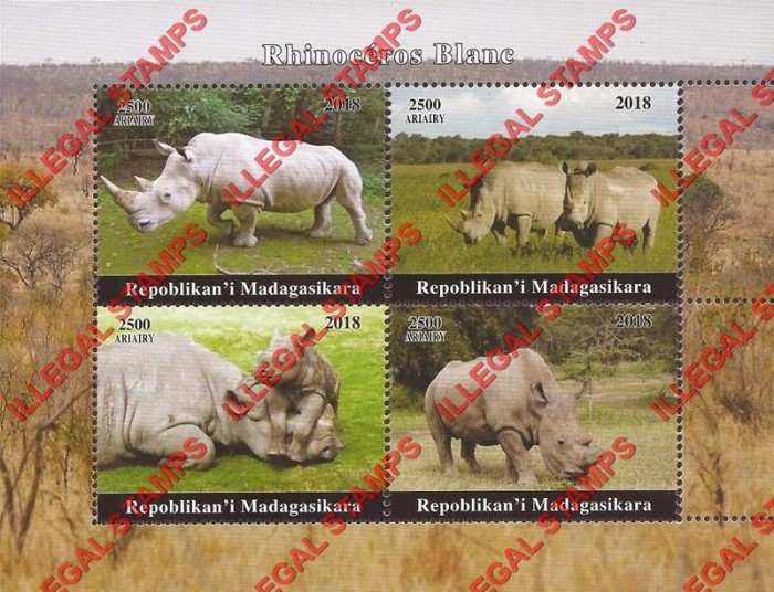 Madagascar 2018 White Rhinoceros Illegal Stamp Souvenir Sheet of 4