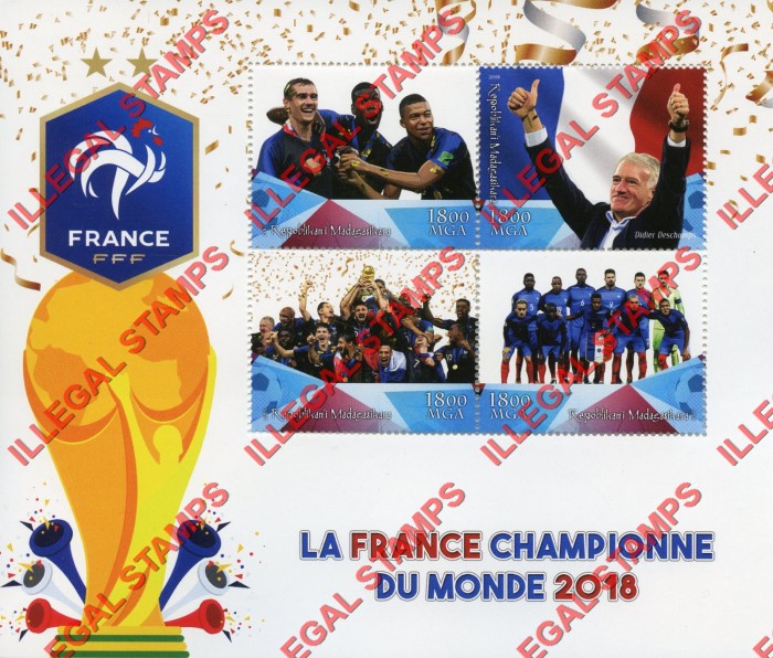 Madagascar 2018 World Cup Soccer French Champions Illegal Stamp Souvenir Sheet of 4