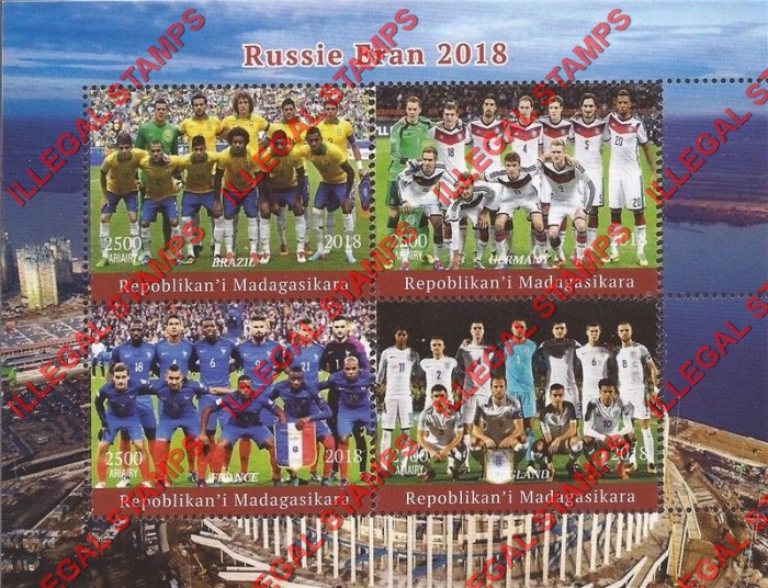 Madagascar 2018 World Cup Soccer Teams Illegal Stamp Souvenir Sheet of 4