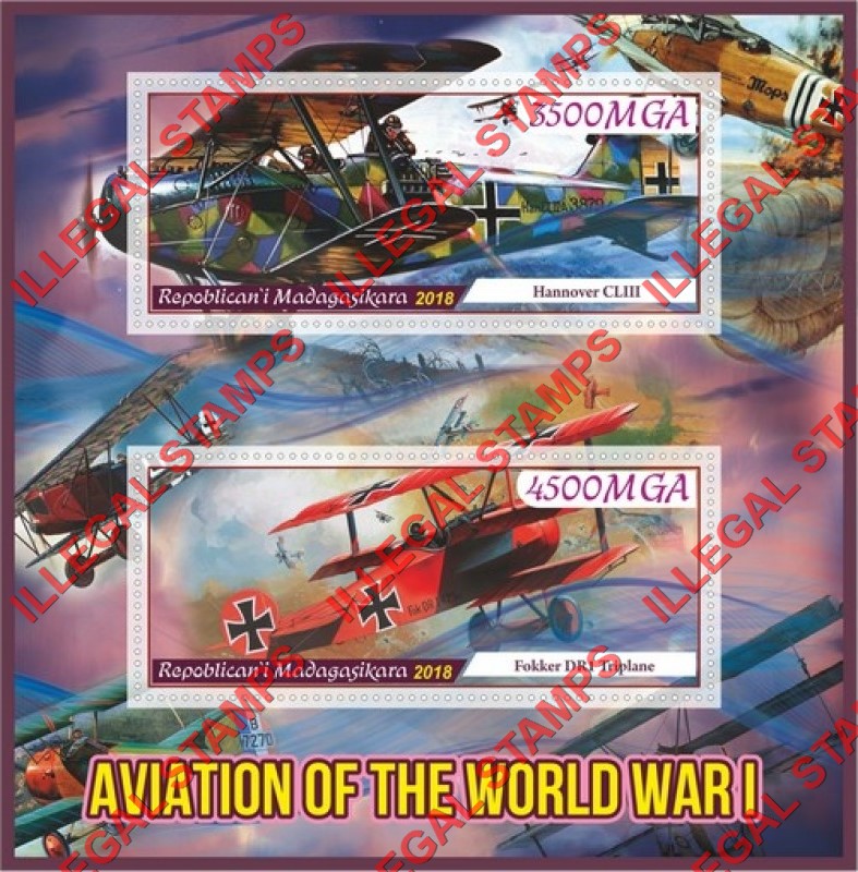Madagascar 2018 World War I Aviation Illegal Stamp Souvenir Sheet of 2