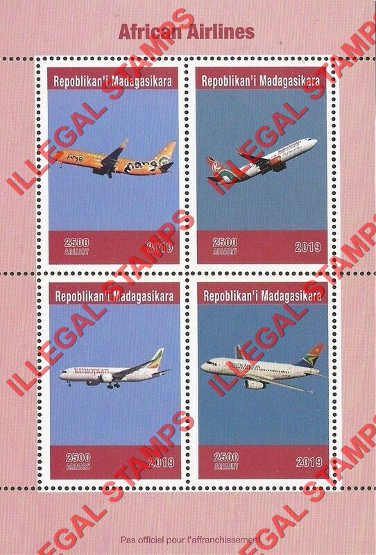 Madagascar 2019 African Airlines Illegal Stamp Souvenir Sheet of 4