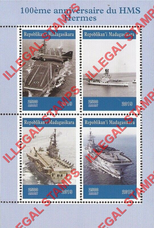 Madagascar 2019 Aircraft Carrier HMS Hermes Illegal Stamp Souvenir Sheet of 4