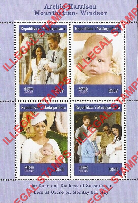 Madagascar 2019 Archie Harrison Mountbatten Windsor Illegal Stamp Souvenir Sheet of 4