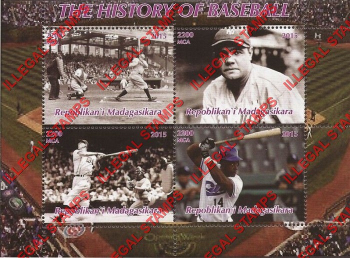 Madagascar 2019 Baseball History Illegal Stamp Souvenir Sheet of 4