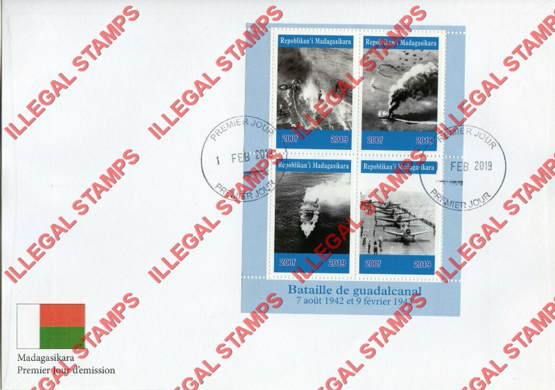 Madagascar 2019 Battle of Guadalcanal Illegal Stamp Souvenir Sheet of 4 Fake First Day Cover Dated February