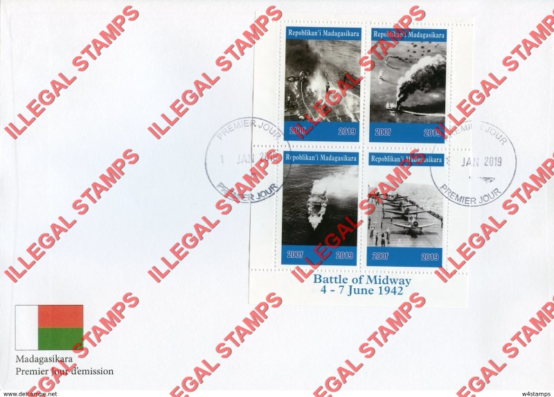 Madagascar 2019 Battle of Midway Illegal Stamp Souvenir Sheet of 4 Fake First Day Cover Dated January