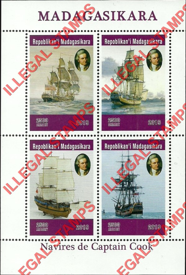 Madagascar 2019 Captain Cook Ships Illegal Stamp Souvenir Sheet of 4