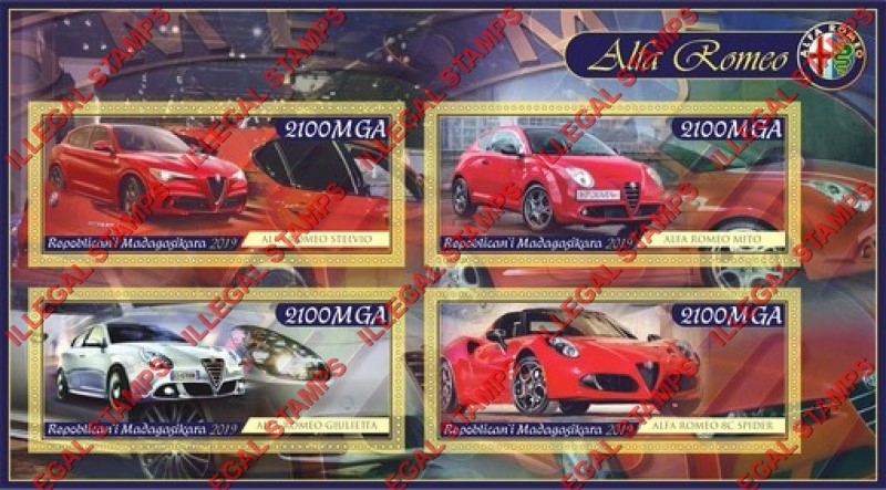 Madagascar 2019 Cars Alfa Romeo Illegal Stamp Souvenir Sheet of 4