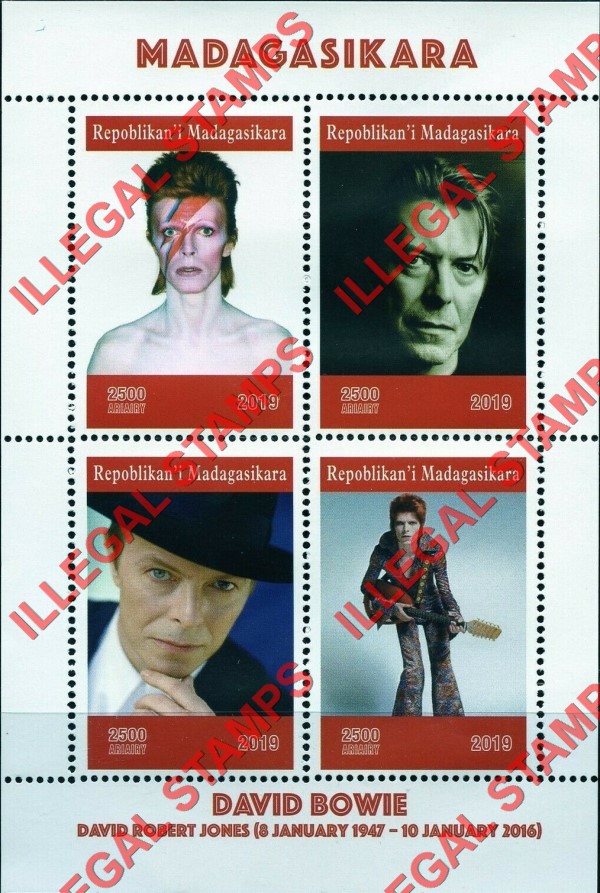 Madagascar 2019 David Bowie Illegal Stamp Souvenir Sheet of 4