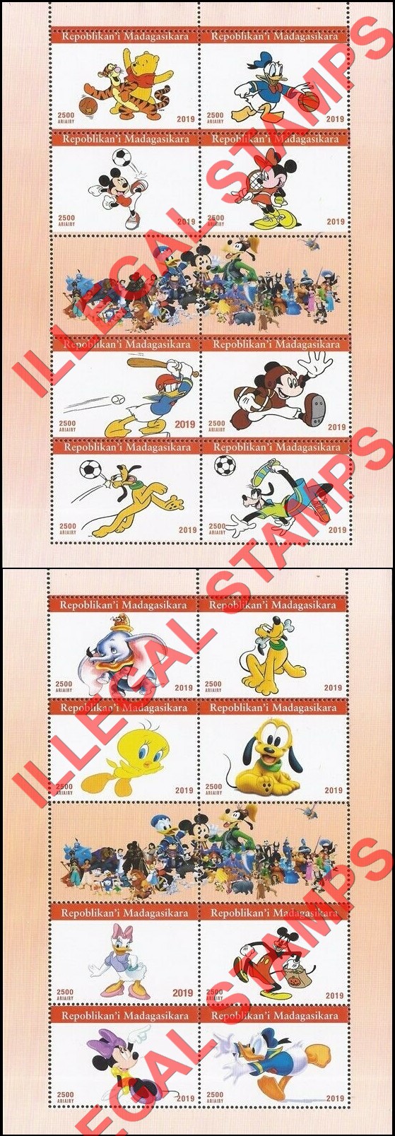 Madagascar 2019 Disney Characters Illegal Stamp Souvenir Sheets of 8