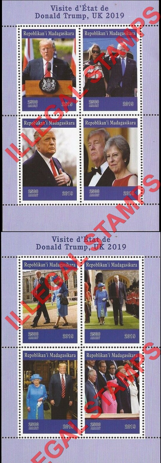 Madagascar 2019 Donald Trump Visit to the United Kingdom Illegal Stamp Souvenir Sheets of 4