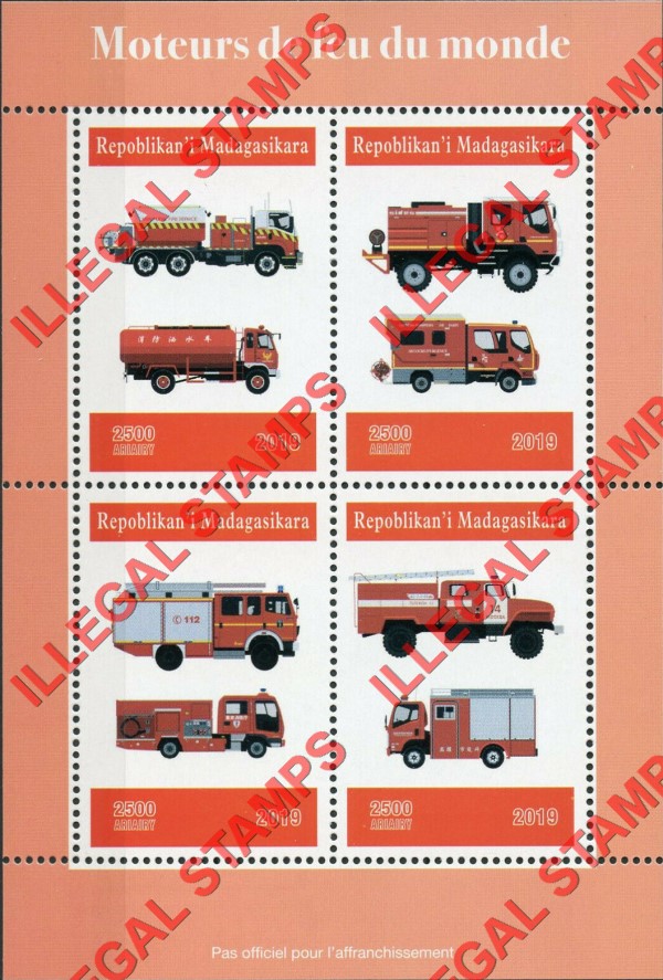 Madagascar 2019 Fire Engines of the World Illegal Stamp Souvenir Sheet of 4