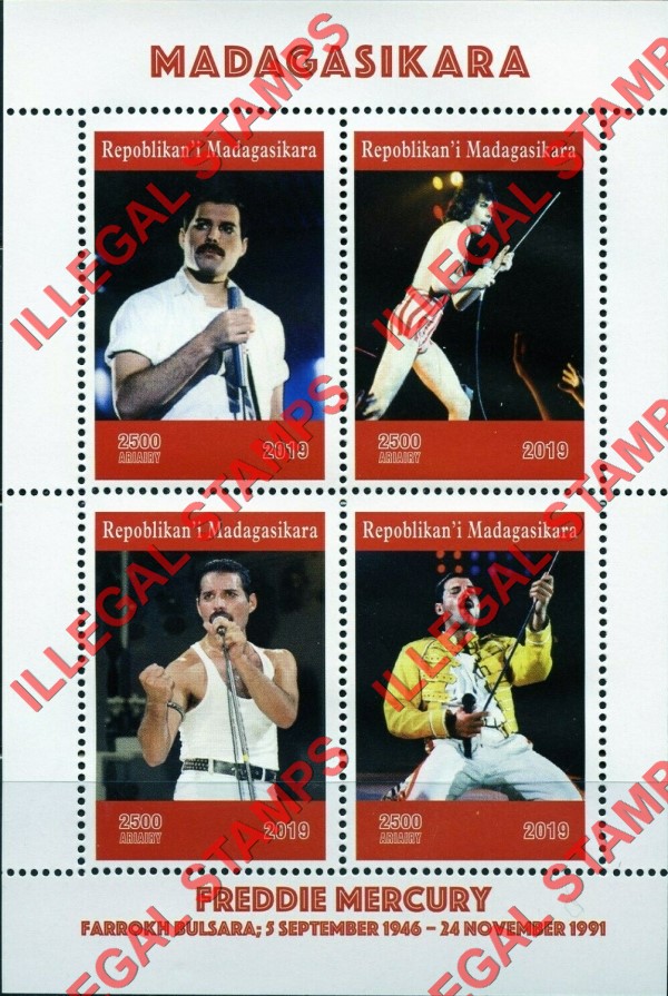 Madagascar 2019 Freddie Mercury Illegal Stamp Souvenir Sheet of 4