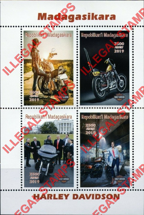 Madagascar 2019 Harley Davidson Motorcycles Illegal Stamp Souvenir Sheet of 4