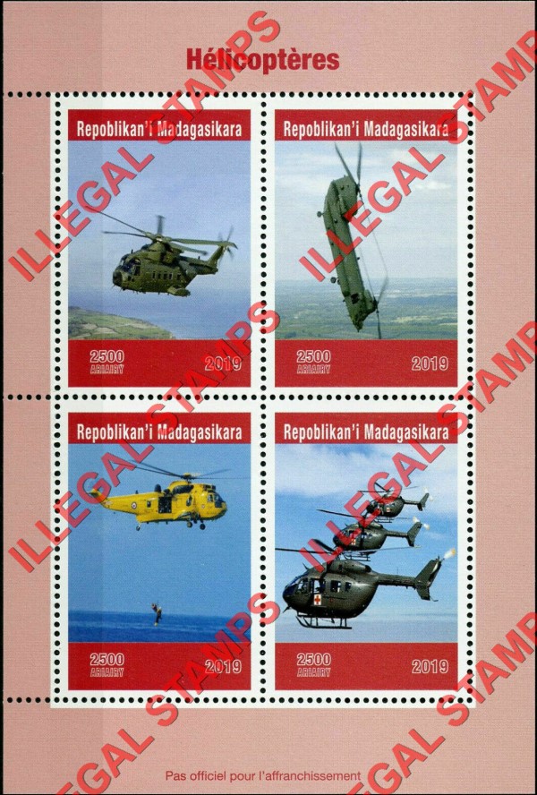 Madagascar 2019 Helicopters Illegal Stamp Souvenir Sheet of 4