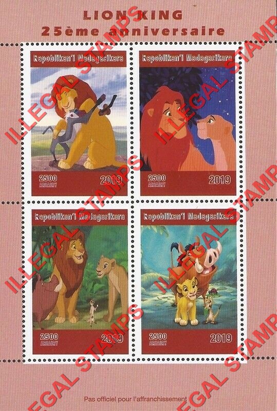 Madagascar 2019 Lion King 25th Anniversary Illegal Stamp Souvenir Sheet of 4