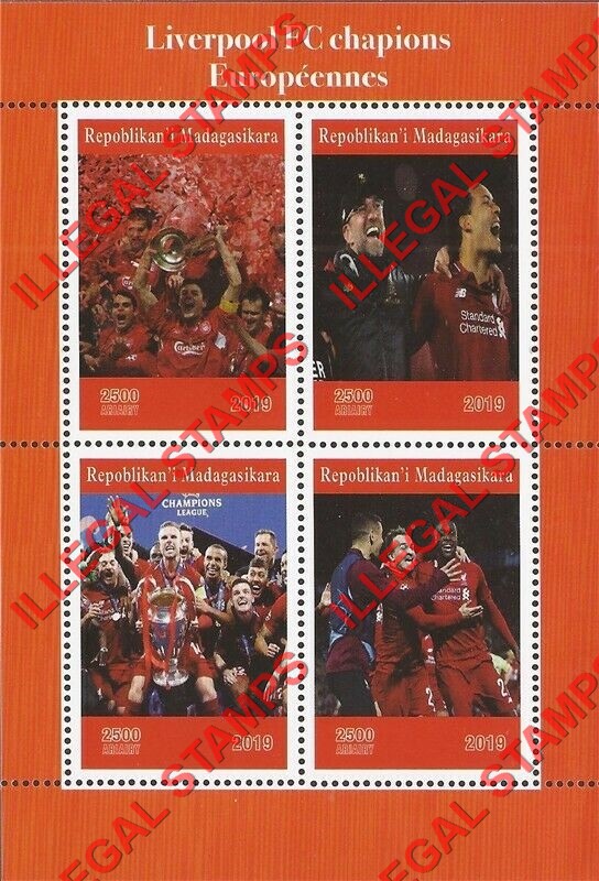 Madagascar 2019 Liverpool Soccer Champions Illegal Stamp Souvenir Sheet of 4