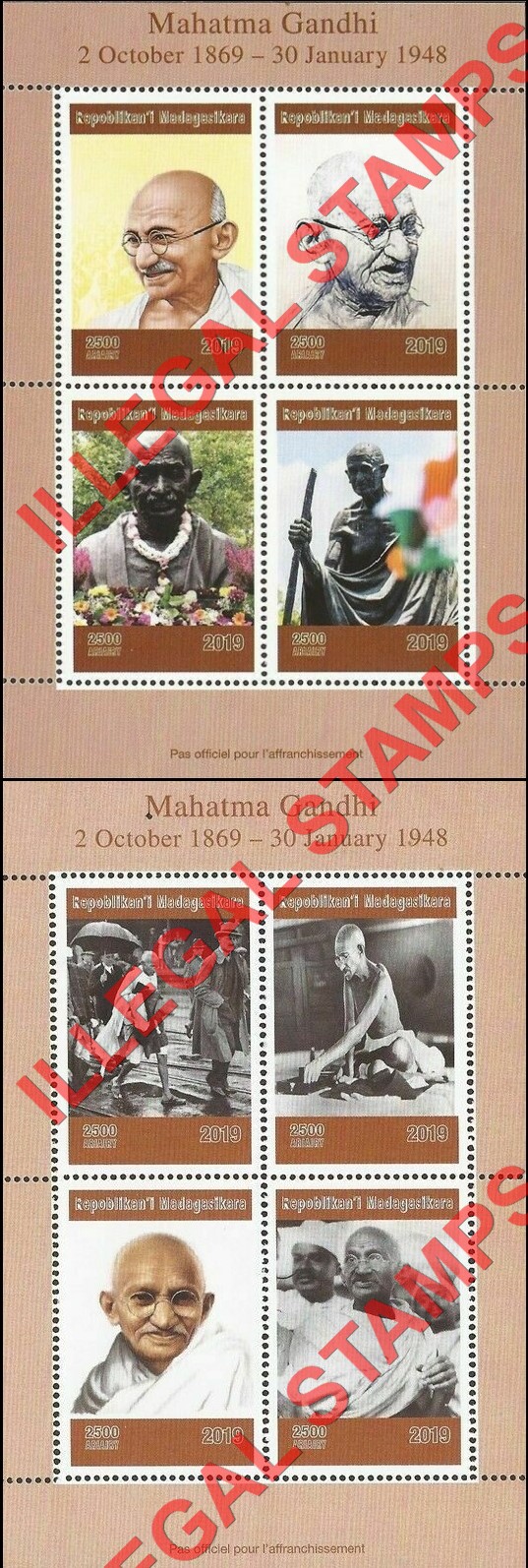 Madagascar 2019 Mahatma Gandhi Illegal Stamp Souvenir Sheets of 4