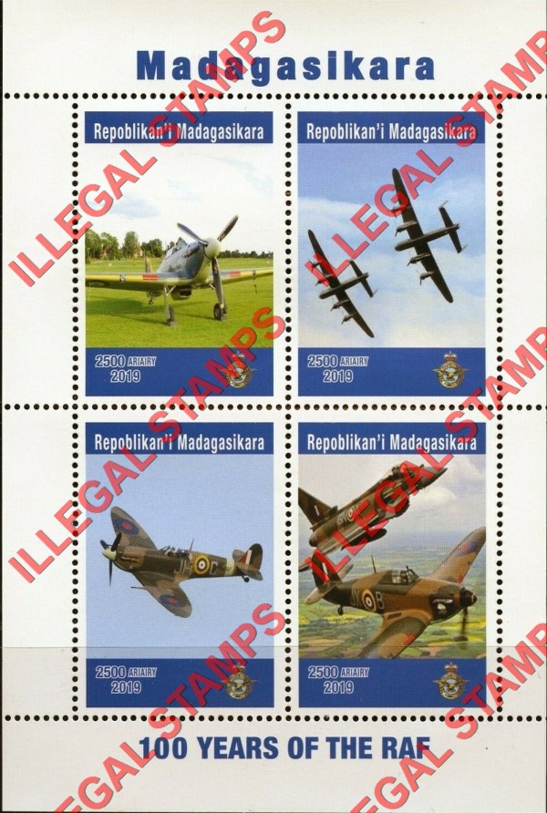 Madagascar 2019 Military Fighter Planes RAF Illegal Stamp Souvenir Sheet of 4