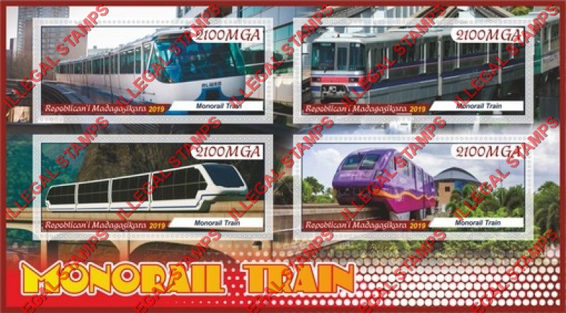 Madagascar 2019 Monorail Trains Illegal Stamp Souvenir Sheet of 4