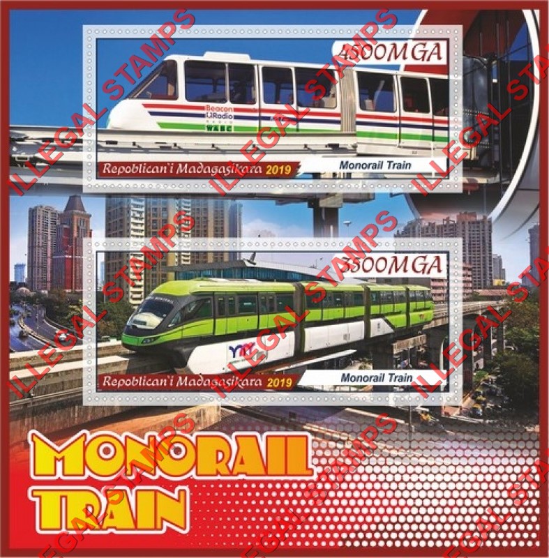 Madagascar 2019 Monorail Trains Illegal Stamp Souvenir Sheet of 2