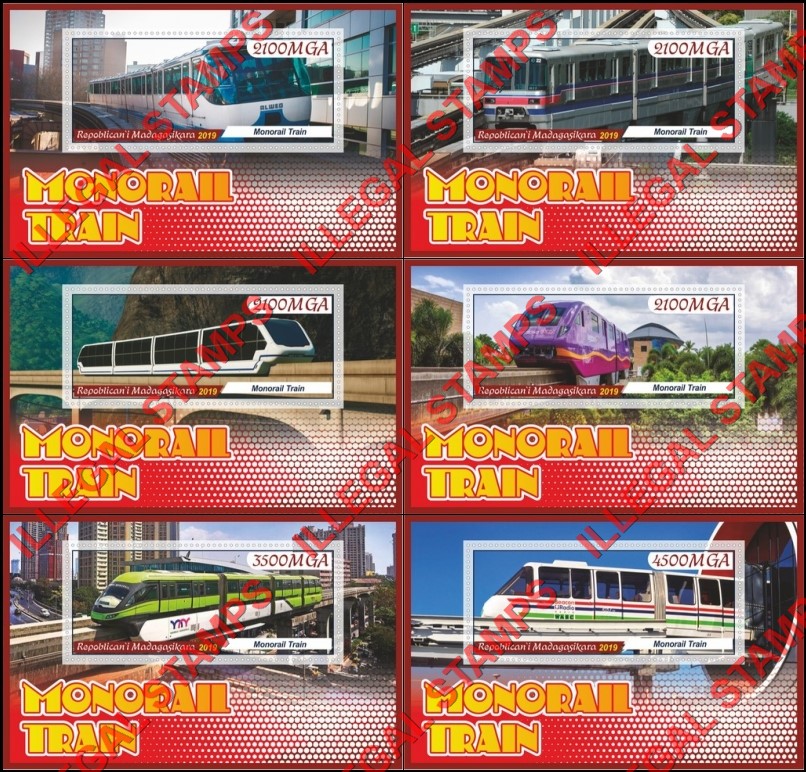 Madagascar 2019 Monorail Trains Illegal Stamp Souvenir Sheets of 1