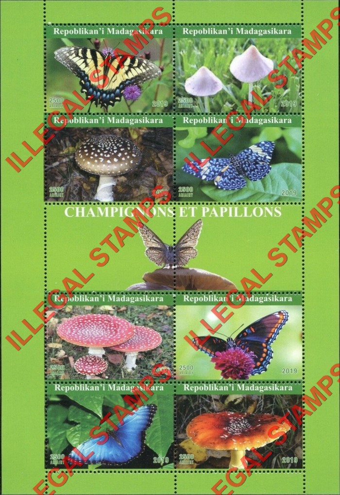 Madagascar 2019 Mushrooms and Butterflies Illegal Stamp Souvenir Sheet of 8