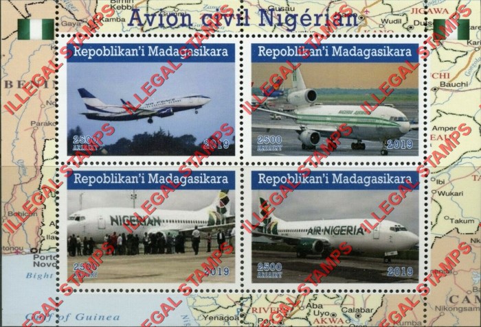 Madagascar 2019 Nigerian Passenger Airplanes Illegal Stamp Souvenir Sheet of 4