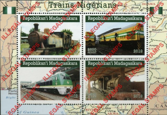 Madagascar 2019 Nigerian Trains Illegal Stamp Souvenir Sheet of 4
