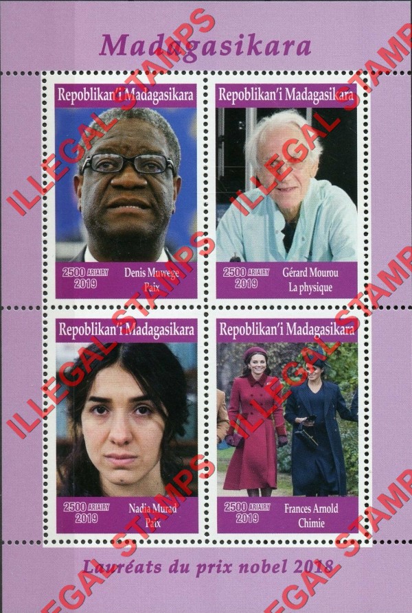 Madagascar 2019 Nobel Prize Winners Illegal Stamp Souvenir Sheet of 4 (Sheet 1)