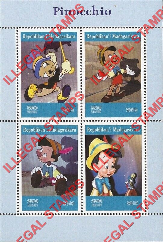 Madagascar 2019 Pinocchio Illegal Stamp Souvenir Sheet of 4