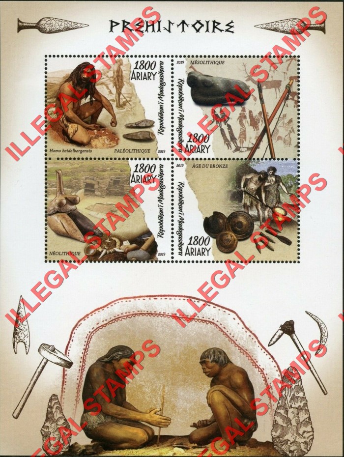 Madagascar 2019 Prehistoric Artifacts and Cavemen Illegal Stamp Souvenir Sheet of 4
