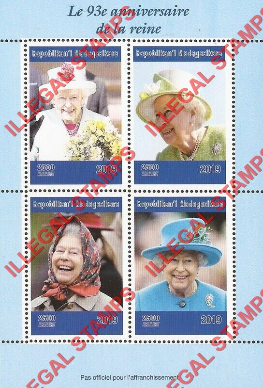 Madagascar 2019 Queen Elizabeth 93rd Anniversary Illegal Stamp Souvenir Sheet of 4