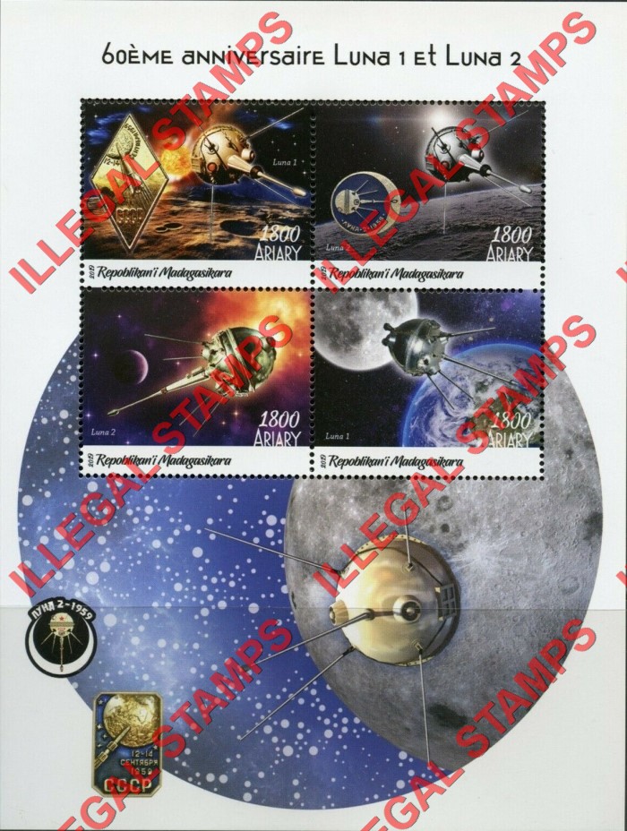 Madagascar 2019 Space Luna 1 and Luna 2 Illegal Stamp Souvenir Sheet of 4
