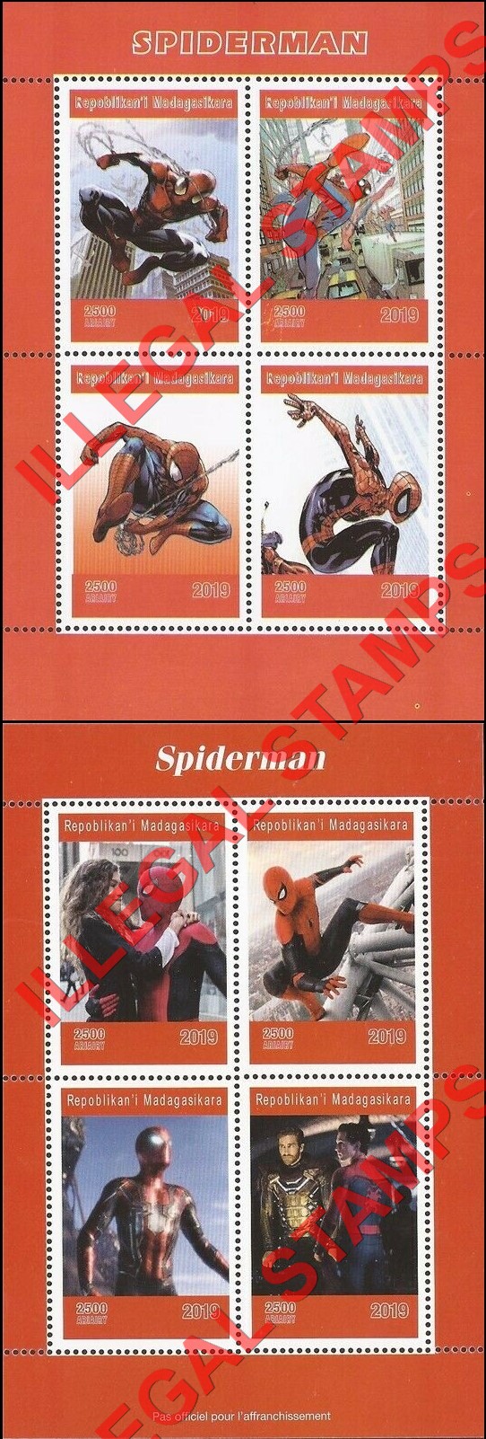 Madagascar 2019 Spiderman Illegal Stamp Souvenir Sheets of 4