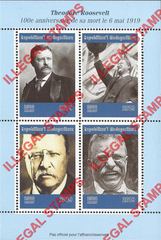 Madagascar 2019 Theodore Roosevelt Illegal Stamp Souvenir Sheet of 4